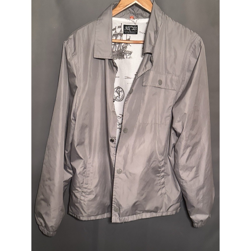 Lost Enterprises Lost at Sea Men Grey Snap Front Coach Jacket Map Print Lining M
